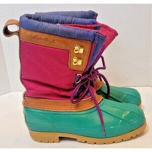 Eddie Bauer Women's 8 Leather Duck Boots Sherpa Lined Pink Teal Vintage 80s 90s